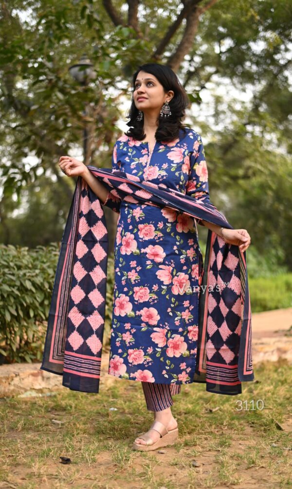 Hand block printed cotton kurti pant and cotton mul duppata - Image 7