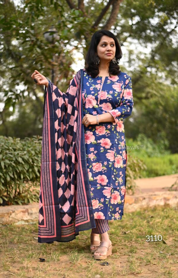 Hand block printed cotton kurti pant and cotton mul duppata - Image 9