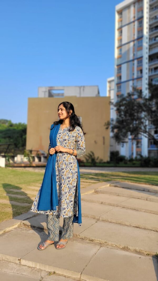 blue ajrakh floral handblock print Top and v neck and 3/4th sleeve - Image 3