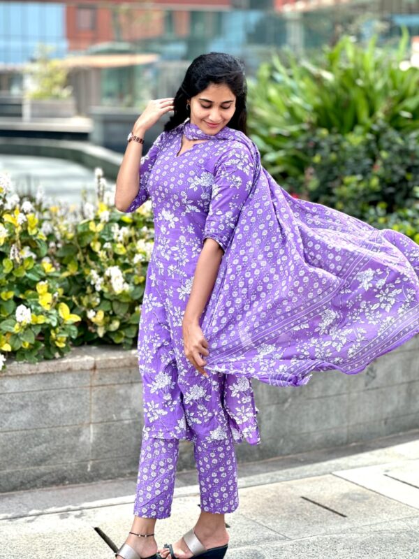 lilac floral hand block print Top and square neck with detailing and 3/4th sleeve