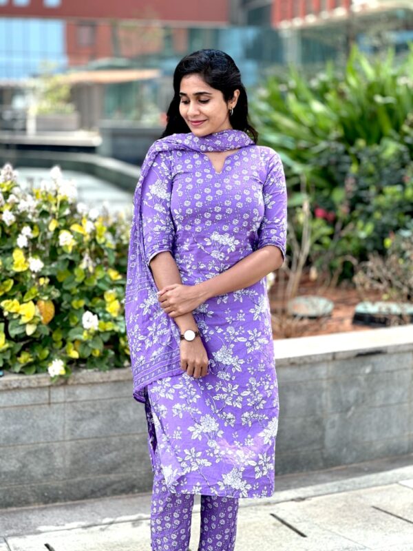 lilac floral hand block print Top and square neck with detailing and 3/4th sleeve - Image 5