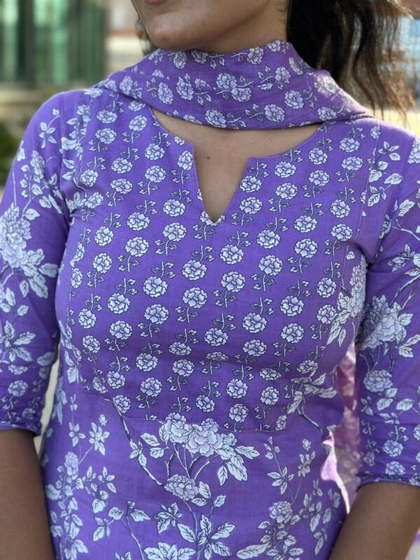 lilac floral hand block print Top and square neck with detailing and 3/4th sleeve - Image 6