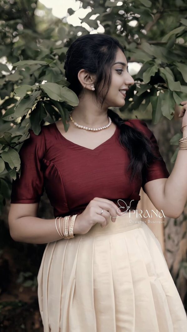 Tissue gold traditional pleated skirt and vichitra silk simple crop top with v neck and small puff sleeves - Image 2