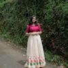 Tissue gold traditional pleated skirt with hand-painted boarder and slub silk crop top - Image 6